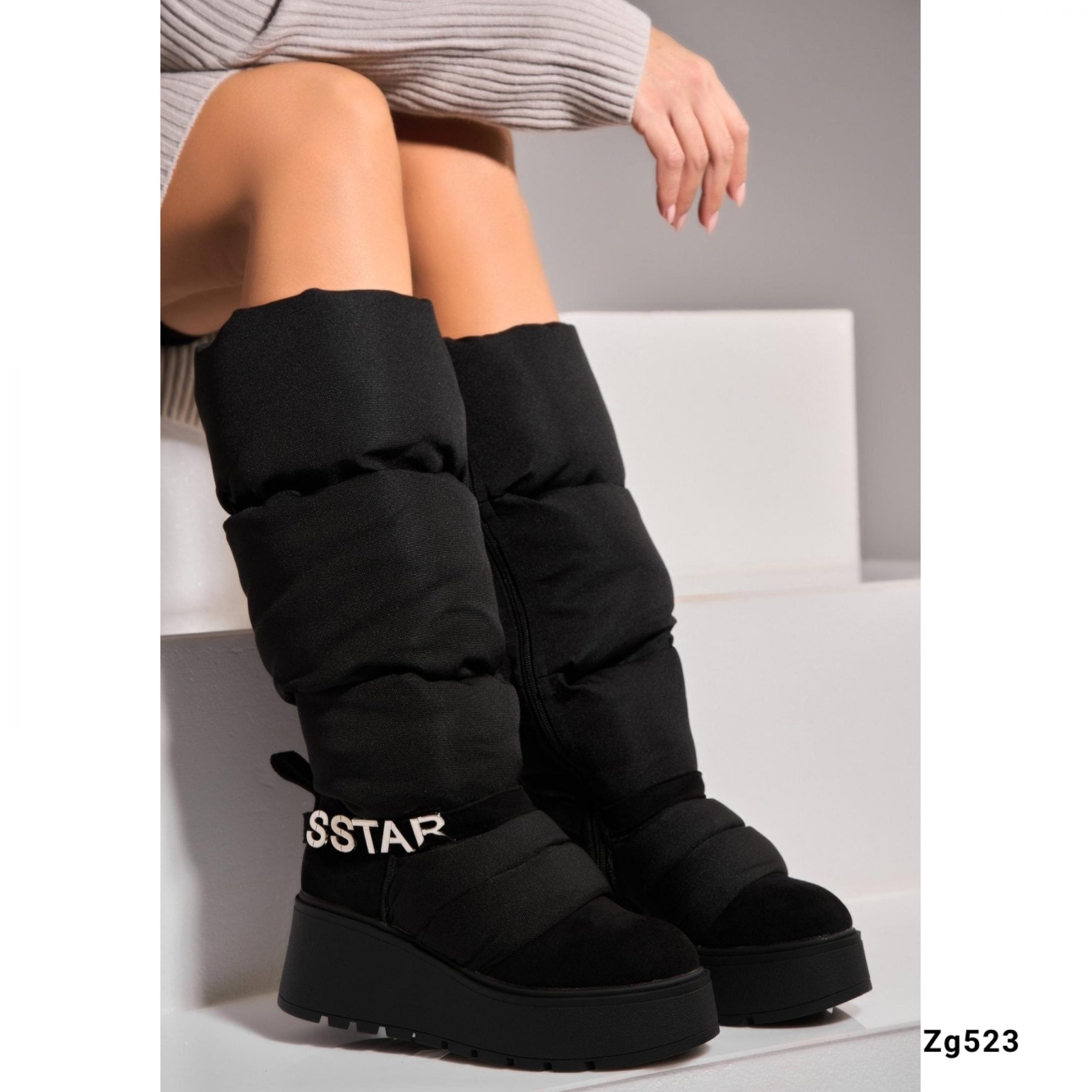 Bota caña alta negro acolchada suela 6cm NS372P C-77
